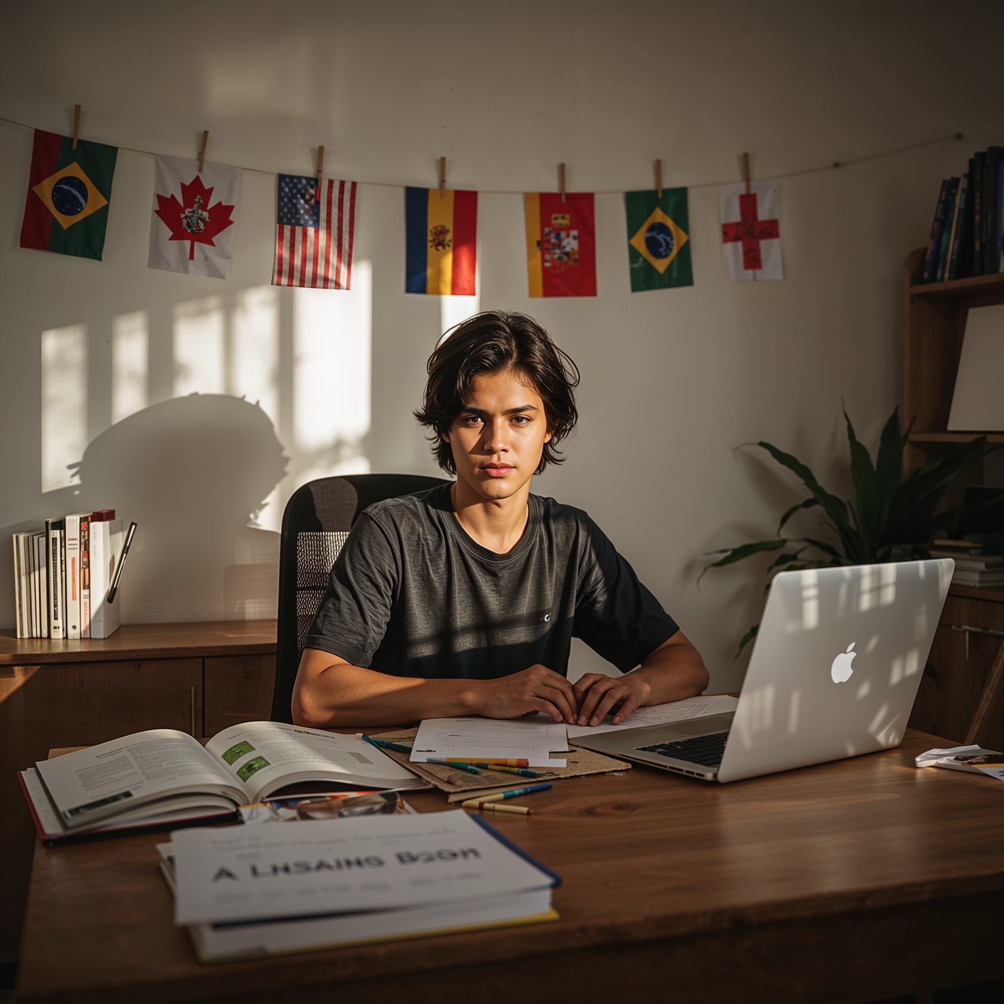 Estudante brasileiro estudando idiomas com livros de inglês, espanhol e francês em uma mesa, com laptop e globo ao fundo